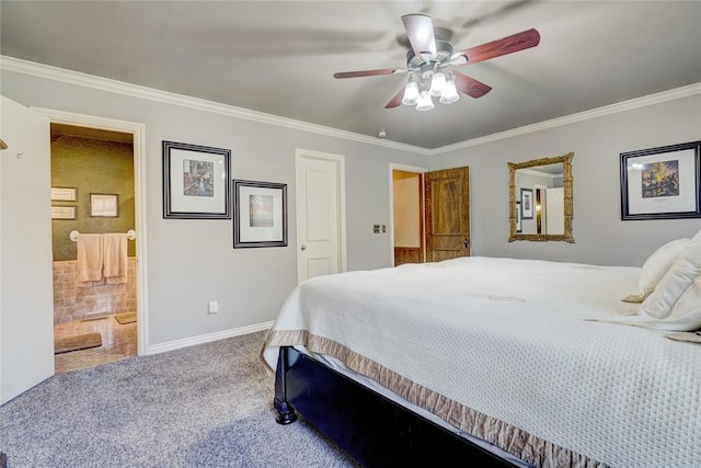 bedroom featuring crown molding, ceiling fan, connected bathroom, and carpet flooring