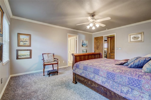 carpeted bedroom featuring multiple windows, crown molding, and ceiling fan