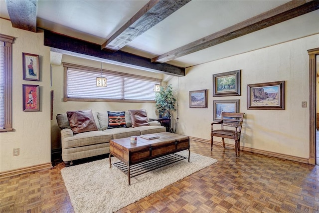 living room with parquet flooring and beam ceiling