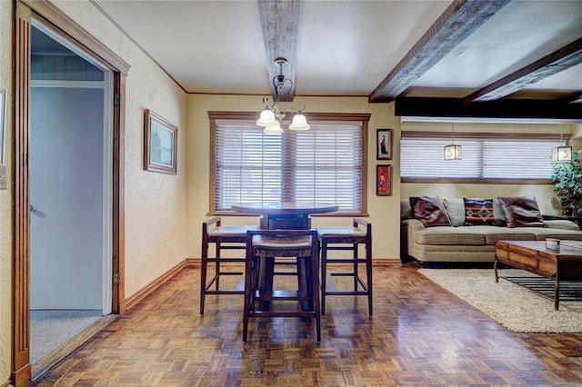 dining space featuring dark parquet flooring, beam ceiling, and a notable chandelier