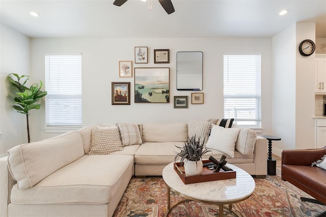 living room featuring ceiling fan