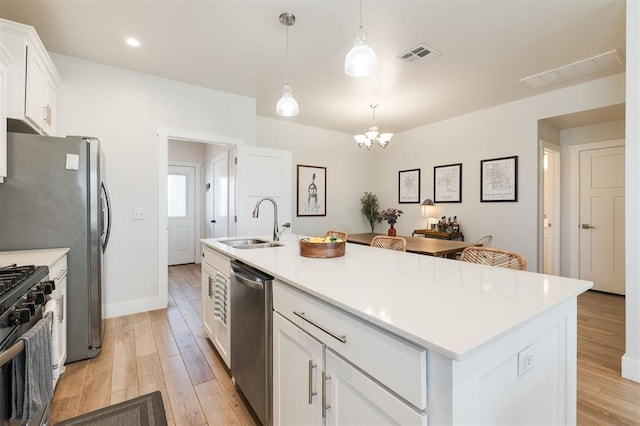 kitchen with pendant lighting, sink, a kitchen island with sink, white cabinetry, and stainless steel dishwasher