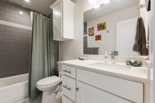 full bathroom with vanity, shower / bathtub combination with curtain, and toilet