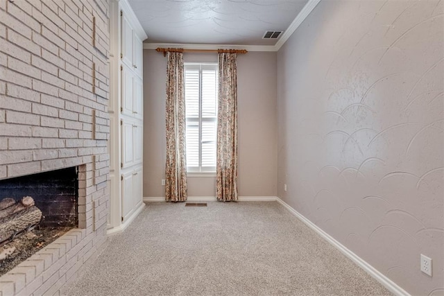 unfurnished living room featuring crown molding, a fireplace, and light carpet