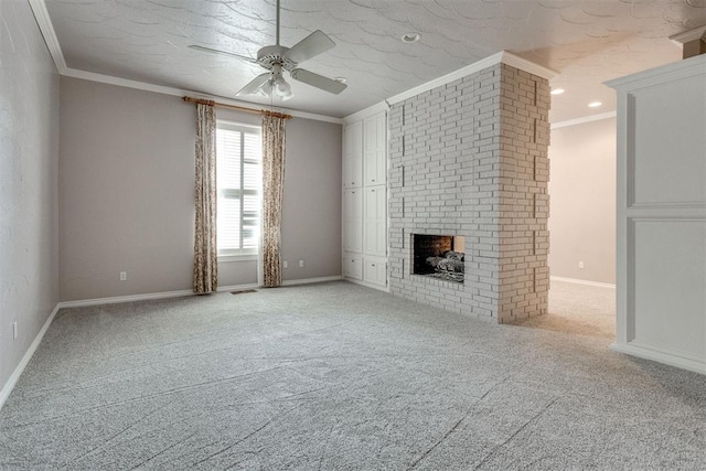 unfurnished living room featuring ceiling fan, ornamental molding, light carpet, and a brick fireplace