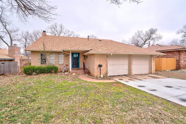 ranch-style home featuring brick siding, concrete driveway, fence, and a garage