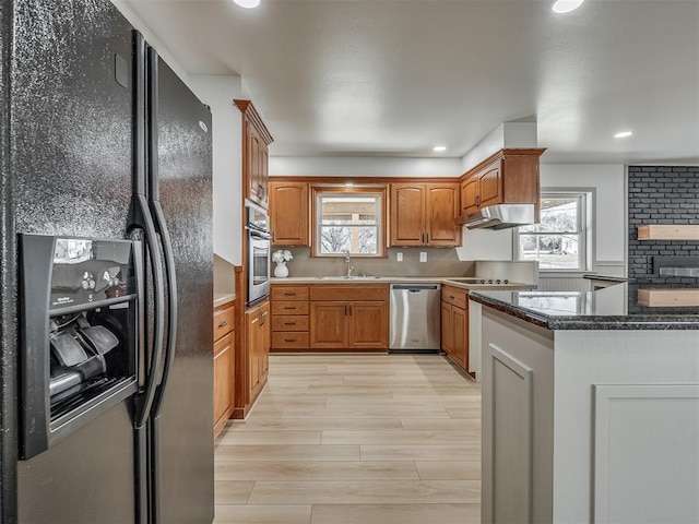 kitchen featuring stainless steel appliances, plenty of natural light, sink, and light wood-type flooring