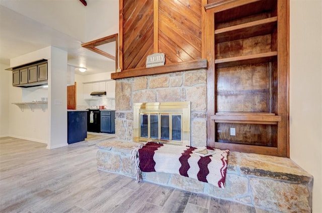 living room featuring a stone fireplace and light hardwood / wood-style floors