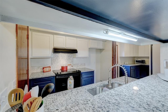 kitchen featuring blue cabinetry, black / electric stove, sink, and white cabinets