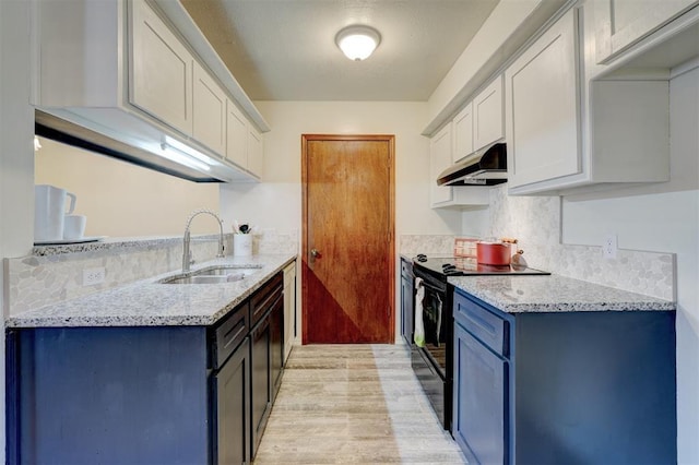 kitchen with white cabinetry, sink, light stone counters, and black / electric stove