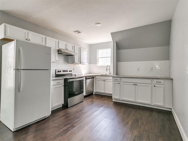 kitchen featuring sink, white cabinetry, dark hardwood / wood-style floors, stainless steel appliances, and backsplash