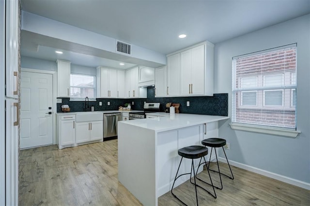 kitchen featuring white cabinets, a kitchen bar, decorative backsplash, kitchen peninsula, and stainless steel appliances