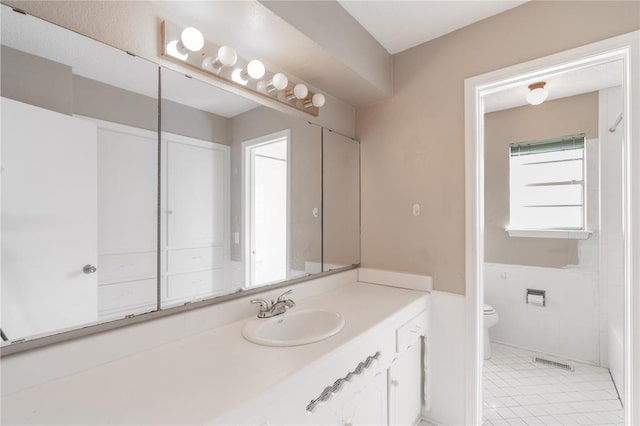 bathroom featuring vanity, toilet, and tile patterned flooring