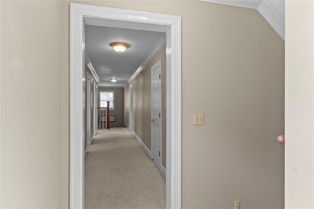 hallway with ornamental molding and light colored carpet