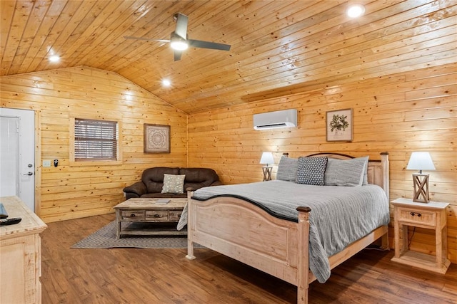 bedroom featuring wood walls, a wall mounted air conditioner, vaulted ceiling, wooden ceiling, and hardwood / wood-style flooring