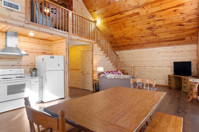 interior space featuring white appliances, wood-type flooring, wooden ceiling, exhaust hood, and wood walls