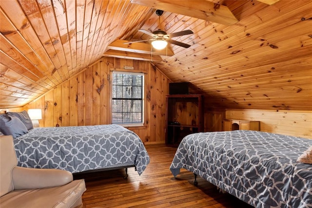 bedroom featuring hardwood / wood-style flooring, lofted ceiling with beams, wooden ceiling, and wood walls