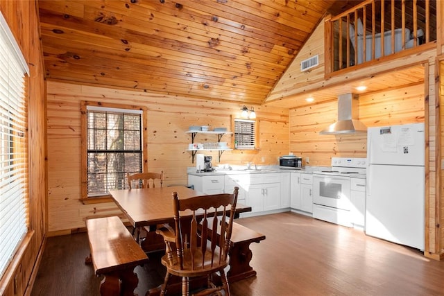 dining space featuring sink, hardwood / wood-style floors, wood ceiling, and wood walls