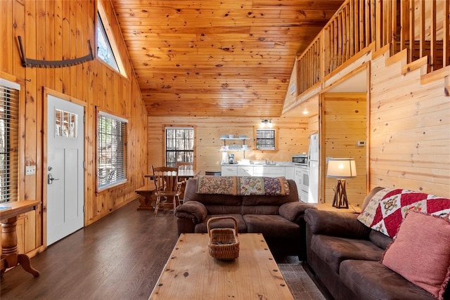 living area featuring dark wood-style floors, wood ceiling, wood walls, and high vaulted ceiling