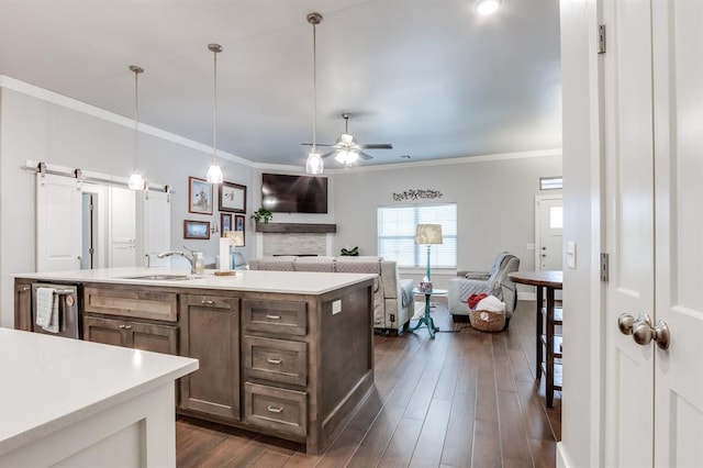 kitchen with sink, crown molding, decorative light fixtures, dark hardwood / wood-style floors, and a barn door