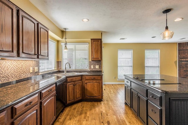 kitchen with sink, hanging light fixtures, light wood-type flooring, a healthy amount of sunlight, and black appliances