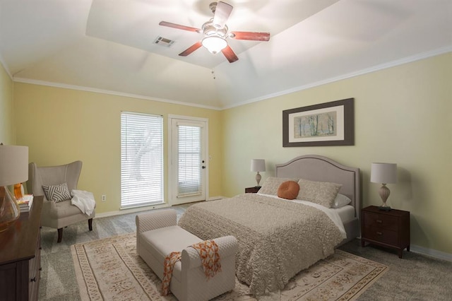 carpeted bedroom with access to outside, ornamental molding, ceiling fan, and vaulted ceiling