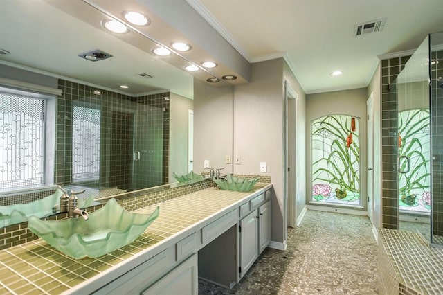 bathroom featuring vanity, ornamental molding, and walk in shower