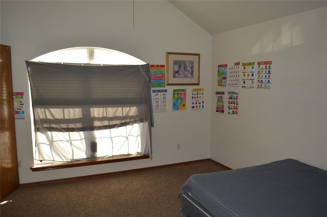 carpeted bedroom with vaulted ceiling