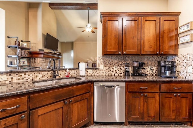 kitchen featuring dishwasher, sink, decorative backsplash, and dark stone counters