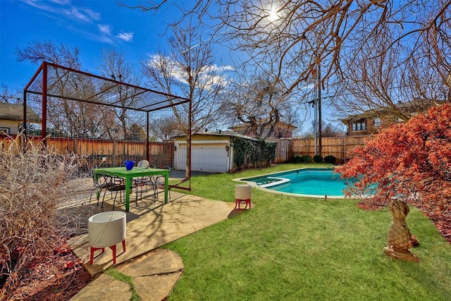 208 NW 20th St, Oklahoma City, OK 73103 - view of pool featuring a fenced backyard, a patio area, an outdoor structure, and a lawn