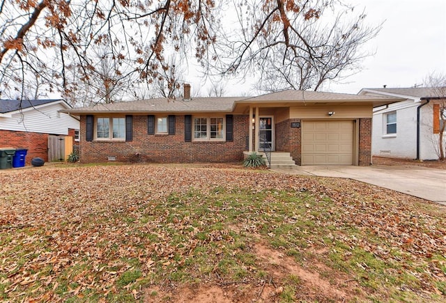 single story home with a garage, brick siding, concrete driveway, and a chimney