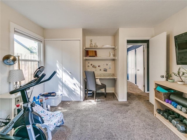 workout room featuring light carpet