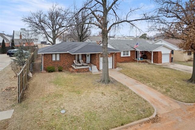 ranch-style house with a garage, a front lawn, and a porch