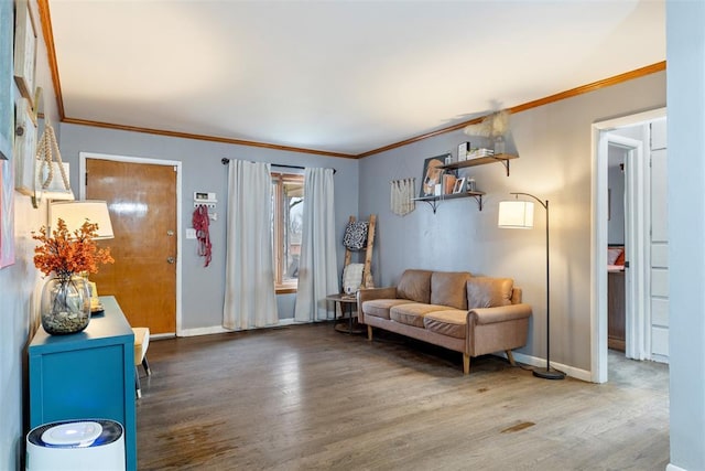 interior space featuring crown molding and dark hardwood / wood-style floors