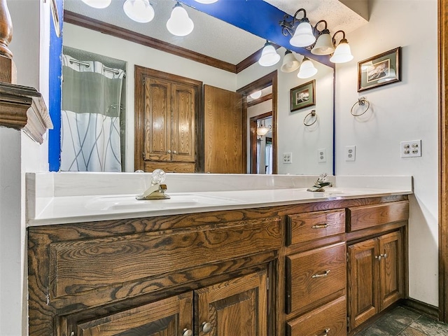 bathroom featuring vanity, walk in shower, ornamental molding, and an inviting chandelier