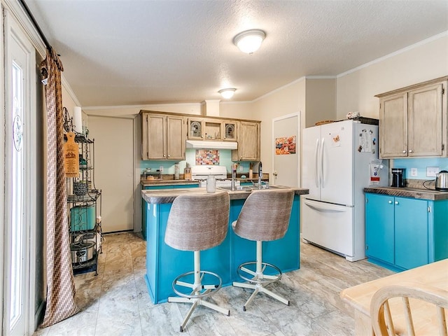 kitchen with crown molding, white appliances, light brown cabinetry, and a breakfast bar