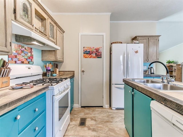 kitchen with light brown cabinetry, sink, white appliances, and ornamental molding