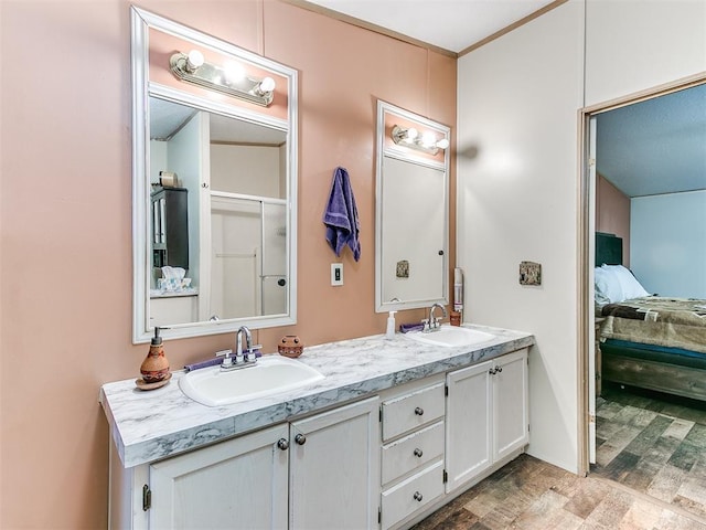 bathroom with hardwood / wood-style flooring and vanity