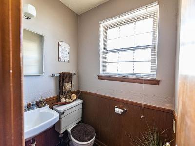 bathroom with toilet, sink, and wood walls