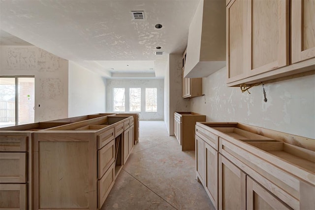 kitchen featuring a healthy amount of sunlight, light brown cabinetry, and a raised ceiling