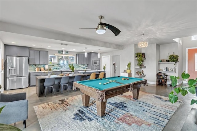 game room featuring billiards and ceiling fan