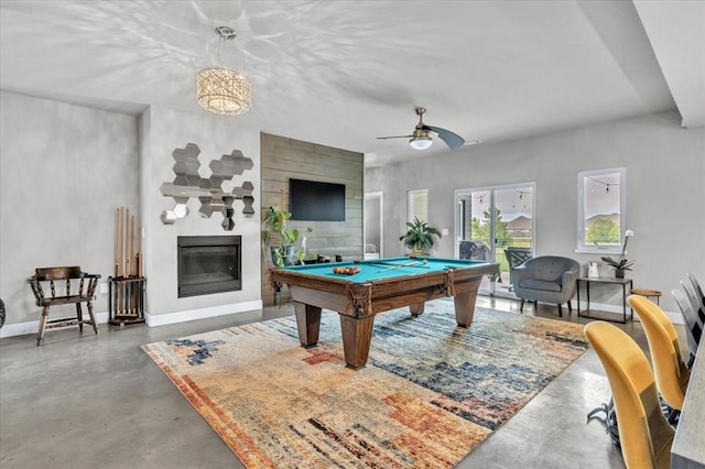 game room with ceiling fan, pool table, and concrete floors