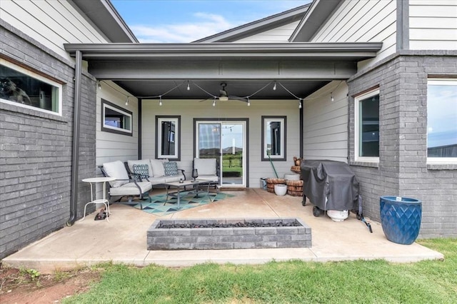 view of patio with a grill, an outdoor hangout area, and ceiling fan