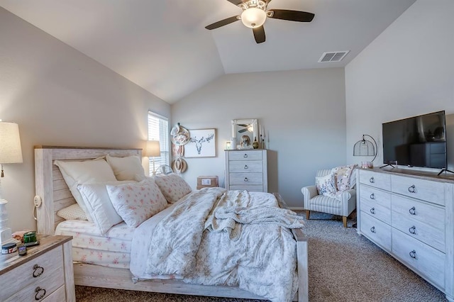 carpeted bedroom with lofted ceiling and ceiling fan