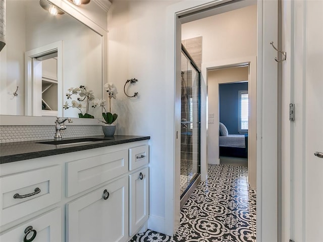 3208 Rolling Woods Dr, Norman, OK 73072 - bathroom with a shower stall, vanity, and tile patterned flooring