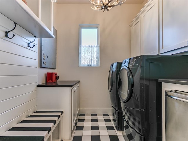 3208 Rolling Woods Dr, Norman, OK 73072 - clothes washing area with tile patterned floors, a notable chandelier, cabinet space, separate washer and dryer, and baseboards