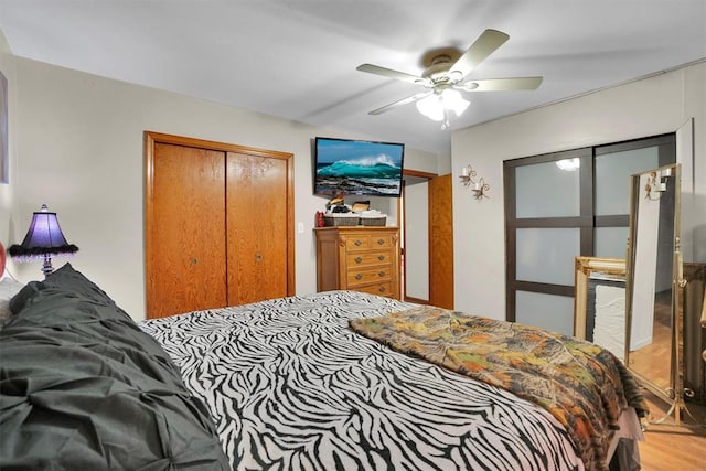 bedroom with ceiling fan, light hardwood / wood-style floors, and a closet