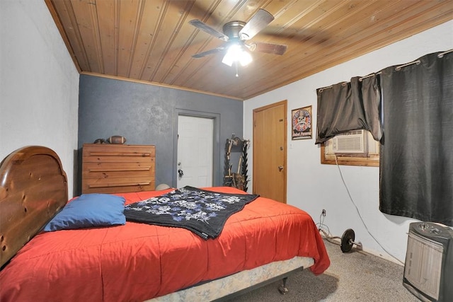 carpeted bedroom with heating unit, cooling unit, ornamental molding, ceiling fan, and wooden ceiling