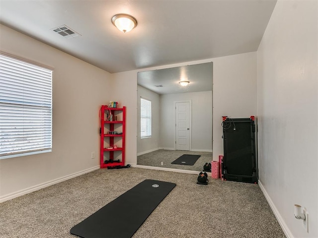 workout area featuring carpet