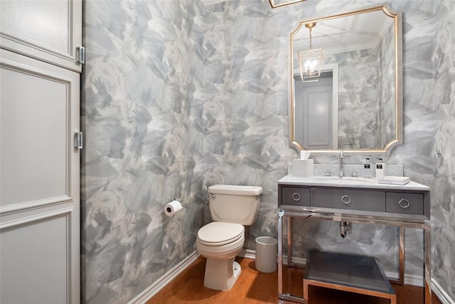 bathroom featuring wood-type flooring, toilet, and vanity